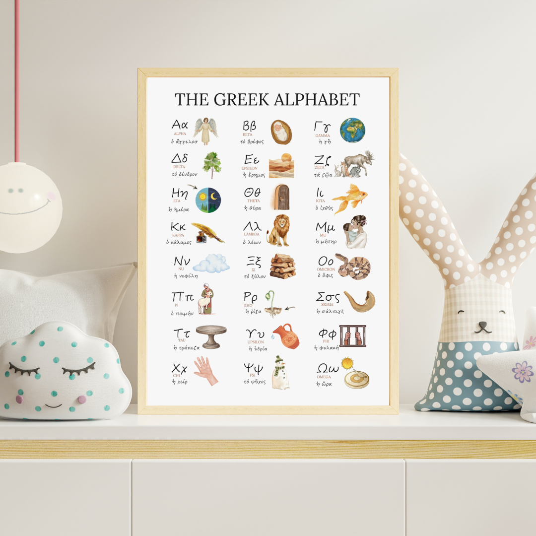 Biblical Koine Greek Alphabet Poster in wood frame in child's room